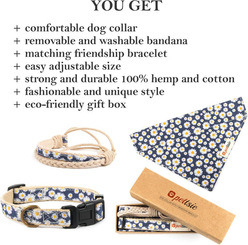 Pettsie Dog Bandana Collar with Matching Bracelet – Adjustable Stylish Pet Bandana for Dogs, Durable Hemp, M, Blue
