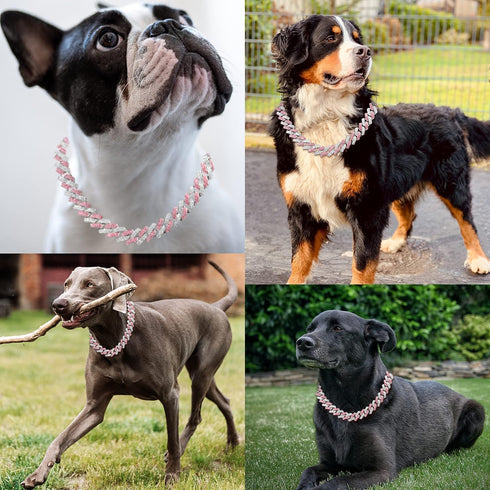 Pink Bling Dog Necklace, Diamond Cuban Link Collar for Small Medium Large Pets, Sparkly Glitter Design