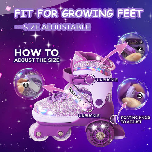 4 Nattork Toddler Roller Skates for Girls, Adjustable Sizes Tri-Wheel Skates for Beginner Kids with Light-Up Wheels