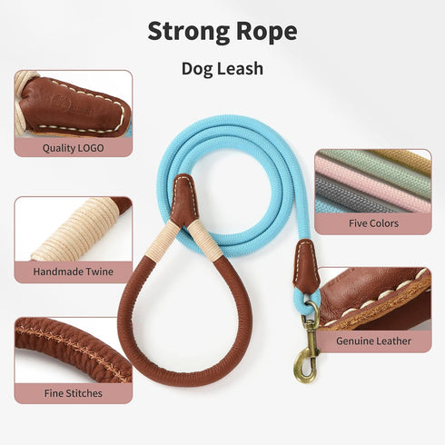 Mile High Life 5 Feet Dog Leash | Strong Rope with Premium Leather Handle | Heavy Duty Clasp | Blue for All Dogs