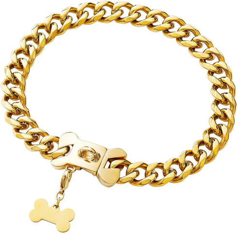 Heavy Duty Gold Chain Stainless Steel Cuban Link Dog Collar for Small Medium Large Dogs, American Bully (24")