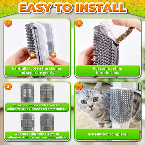 Cat Corner Scratcher - Self Groomer Wall Brush with Face Scratchers and Catnip for Indoor Cats - Easy to Install