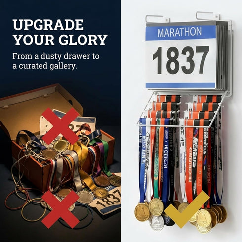 2-in-1 12 40+ Performore Wall-Mount Medal & Bib Display Rack | Metal Steel Organizer Rack with Clear Bib Pockets, Hooks
