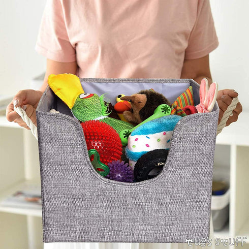 Tug's Stuff Perfect Size Dog Toy Box – Pet Leash, Blankets, Dry Treats, Bones, Food, Clothes or Accessory Storage Basket, a Folding Organizer Home Décor Bin with Rope Handles + Kid Baby Toys Storage