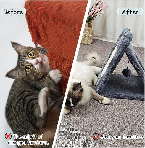Fhiny Triangle Cat Scratching Post, Natural Sisal Standing Scratch Board with Hanging Plush Ball Toy