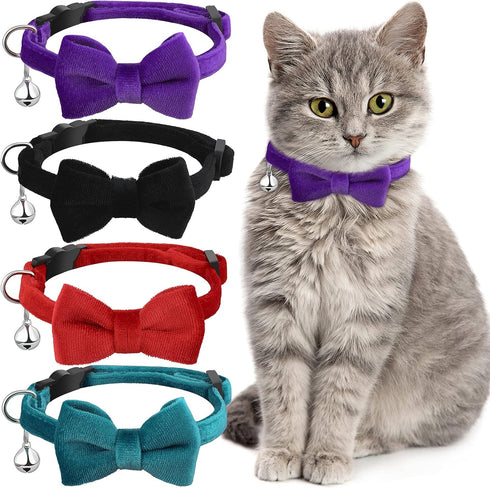 4 Pieces Cat Bow Tie Collar with Bell, Breakaway Comfortable Velvet Safety Pet Collar for Kitten Puppy (Small, Black,