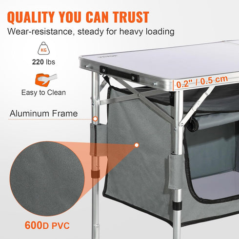 VEVOR Camping Kitchen Station - 3 Adjustable Height Folding Outdoor Cooking Table with Storage Organizer for BBQ and