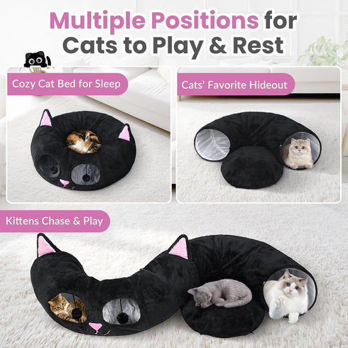 Baseola Cat Tunnel Bed for Indoor Cats, Peekaboo Cat Cave with Washable Soft Play Mat, Furry Cat Tube