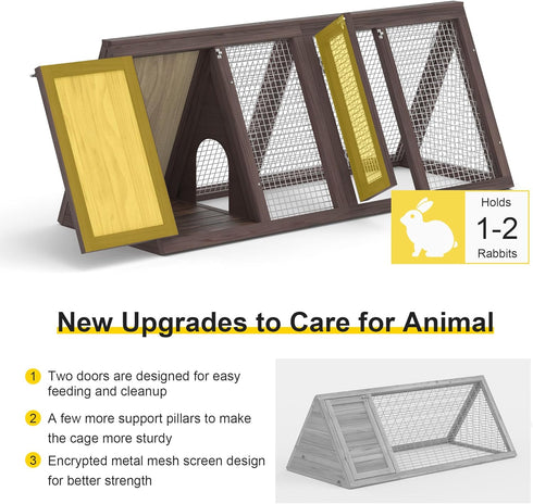 2 Rabbit Hutch, Small Chicken Coop Outdoor A-Frame Quail Cage with Door & Run Cage Wooden Triangle Quail Hutch