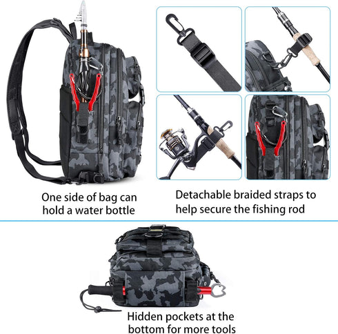 PLUSINNO Fishing Backpack Tackle Bag, Water-Resistant with Rod Holder, Ideal Fishing Gifts