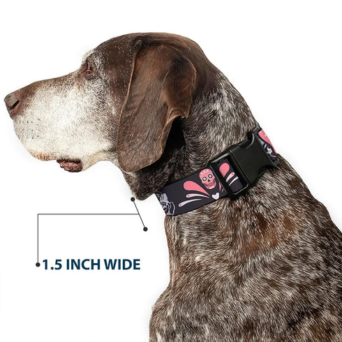 Buckle-Down Plastic Clip Collar - Sugar Skulls Gray/Pink, 1" Wide, Fits 11-17" Neck, Medium