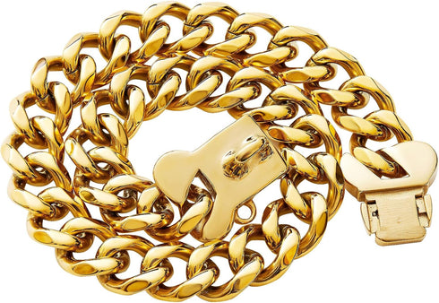 Heavy Duty Gold Chain Stainless Steel Cuban Link Dog Collar for Small Medium Large Dogs, American Bully (24")