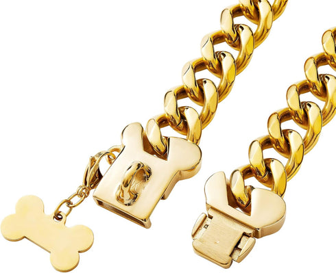 Heavy Duty Gold Chain Stainless Steel Cuban Link Dog Collar for Small Medium Large Dogs, American Bully (24")