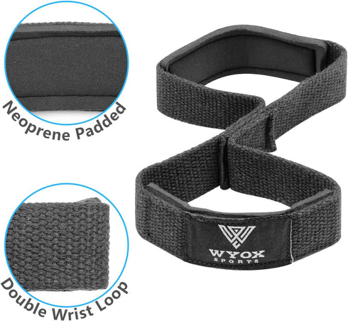 WYOX Figure 8 Weight Lifting Straps for Heavy Duty Deadlifting Workout | Gym Equipment Gear for Men Women PAIR (Black)