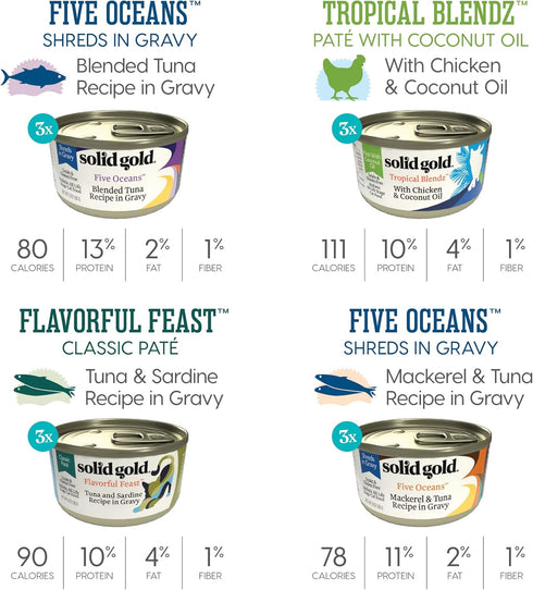 Solid Gold Wet Cat Food Variety Pack - Pate & Shreds in Gravy with Real Chicken, Tuna & Mackerel - 12 Pack