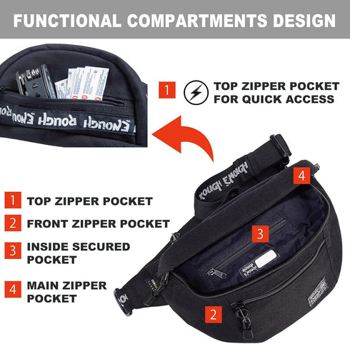Rough Enough Black Cordura Mens Fanny Pack, Tactical Crossbody Waist Pack for Hiking and Fishing