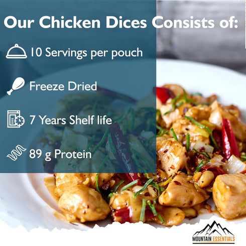 10 7-Year Pack 1 MOUNTAIN ESSENTIALS Freeze-Dried Diced Chicken Fully Cooked and Ready to Eat | Everyday Pantry Staple