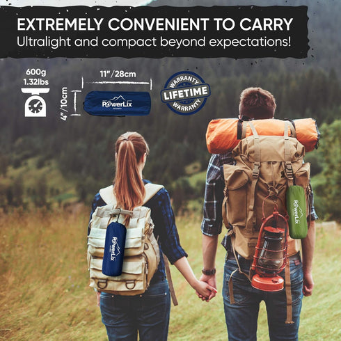 POWERLIX Ultralight Sleeping Pad for Camping - Compact Lightweight Airpad with Inflating Bag, Carry Bag, Repair Kit