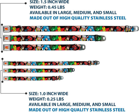 Buckle-Down Seatbelt Buckle Dog Collar - 5 Marvel Characters Black, 1" Wide, Fits 15-26" Neck, Large