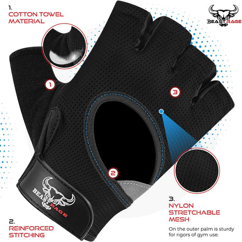 BEAST RAGE Fingerless Weight Lifting Gloves with Palm Protection Padding, Breathable Lightweight Gym Gloves for Men