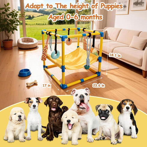 8 Hammock Puppy Play Gym with Hanging Toys, Indoor Puppy Jungle Gym with Interactive Dog Enrichment Toys.PVC Frame