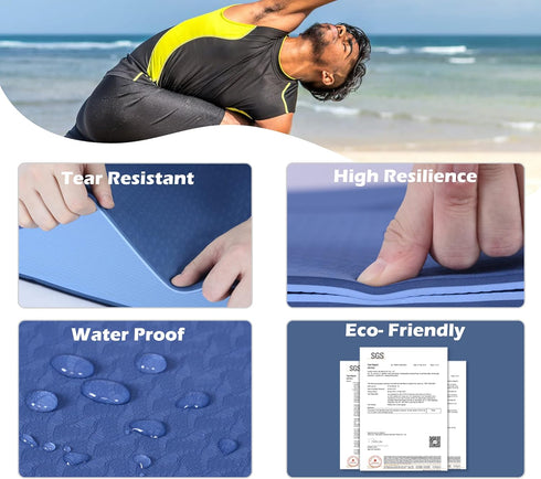 Yoga Mat Non Slip, Eco-Friendly Pilates Fitness Mats, Anti-Tear 1/4" Thick for Home Workout