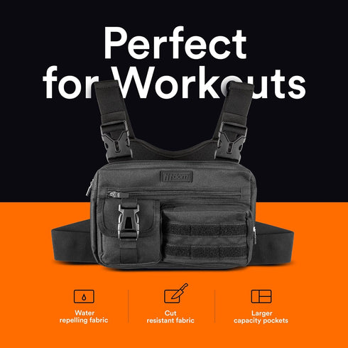 Fitdom Tactical Inspired Sports Utility Chest Pack - EDC Rig Pouch Vest with Built-In Phone Holder for Workouts