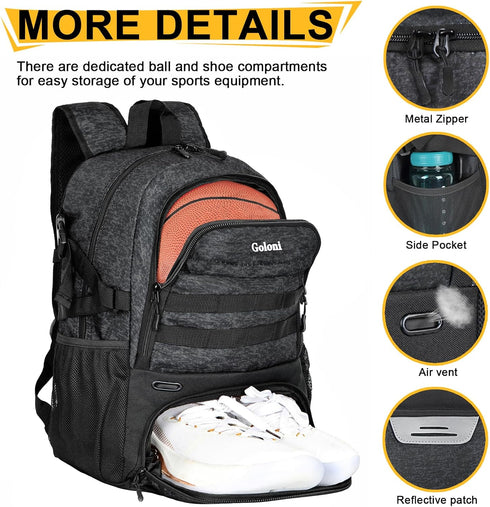 Goloni Basketball Backpack, Large Sports Bag with Ball & Shoe Compartment for Volleyball Soccer