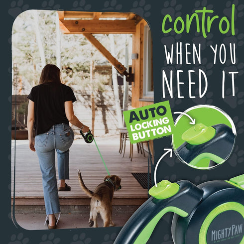 Mighty Paw Retractable Dog Leash 2.0, 16' Heavy Duty Reflective Nylon Tape Lead for Pets up to 110lbs (Green/Lite)