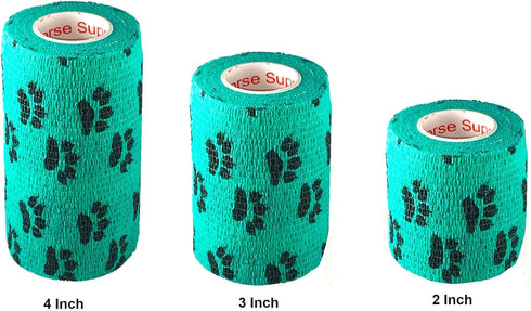 Vet Wrap Tape (Teal with Paw Prints) (2 Pack) (2 Inch x 15 feet) Self-Adhesive Cohesive Bandage for Pets