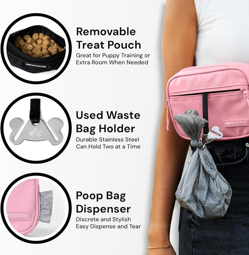 Pup Culture Cross Body Dog Training Treat Pouch: Removable Treat Pouch with Poop Bag Dispenser, Pink