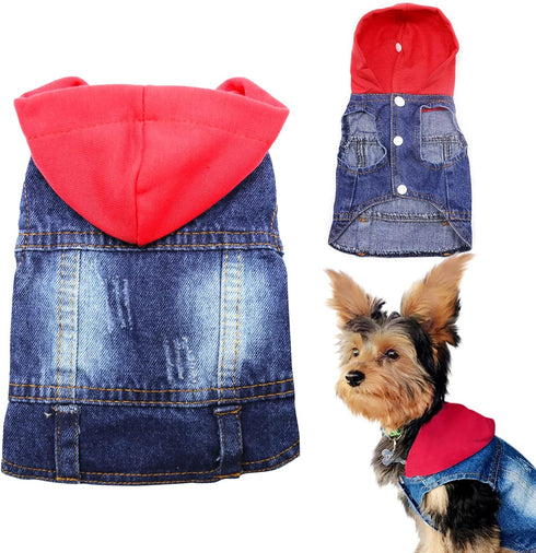 SILD Pet Clothes Dog Jeans Jacket - Cool Blue Denim Coat for Small Medium Dogs, Classic Hoodies (Red, XS)