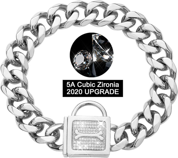 Dog Chain Collar with Cubic Zirconia Locking, High Polished Stainless Steel Cuban Link, 18" for Small Medium Dogs