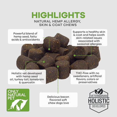 Only Natural Pet Allergy, Skin & Coat Hemp Soft Chews, Omega 3 Supplement for Dogs, Calming Treats for Itchy Skin