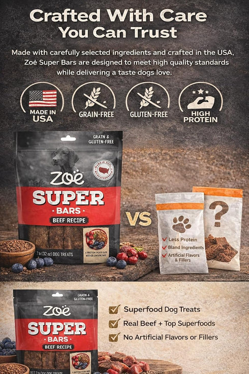Hoiyen Packed 32 oz 2 (Pack 1) Zoe Super Bars Beef Recipe Dog Treats - Protein Snacks with Berries and Flax Grain