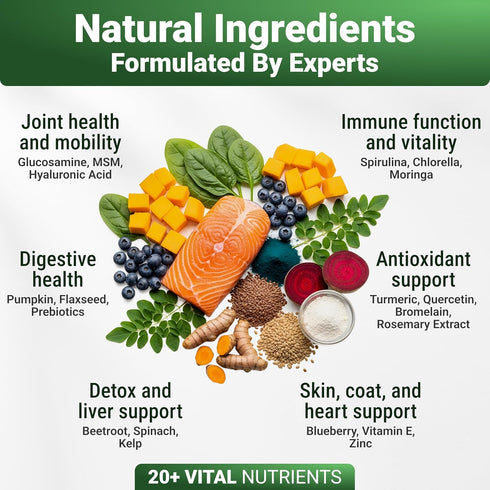 Immune WuffWell Super Greens Powder for Dogs Spirulina, Chlorella, Moringa, Glucosamine & Turmeric Joint, & Skin