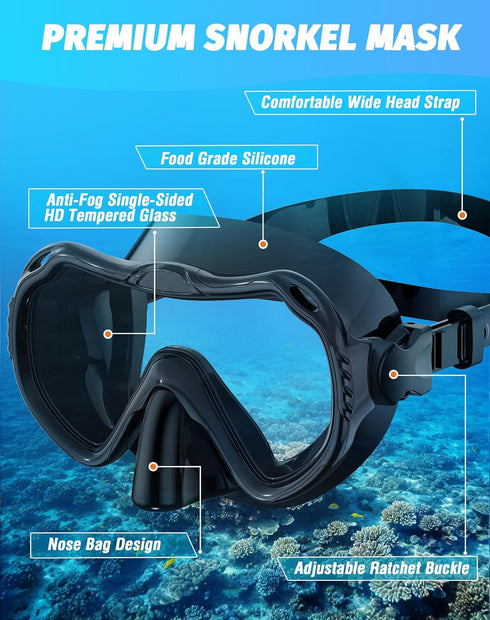 Snorkeling Gear for Adults - 180° Panoramic View Snorkel Mask Set, 100% Food-Grade Silicone Anti-Fog