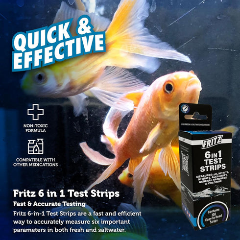 Fritz 6 in 1 Aquarium Test Strips, Monitor Nitrates, Nitrites, Water Hardness, Chlorine, Alkalinity and pH Level, 100
