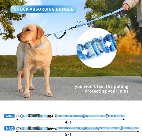 voopet Tactical Bungee Dog Leash, 4 FT Shock Absorbing Heavy Duty Leash for Medium Large Dogs, Smudge Blue