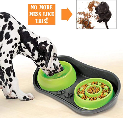 Non-Skid Pet Bowl Tray with 2 Slow Down Bowls Set - For Small to Medium Dogs