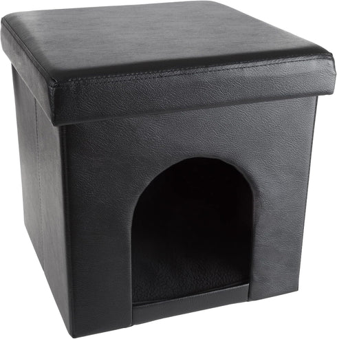 Cat House Collapsible Multipurpose Small Dog or Cat Ottoman with Footrest, Cushioned Top, and Interior Pillow by