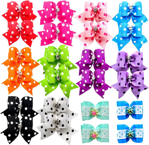 YOY 24 pcs/12 Pairs Adorable Grosgrain Ribbon Pet Dog Hair Bows with Elastic Bands - Grooming Accessories Set