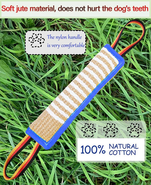 Dog Tug Toy - Tough Jute Bite Pillow for Interactive Training, Two Flag Handles for Puppies to Large Dogs, Aggressive