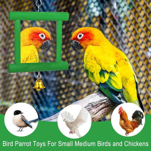 Dplolng Chicken Mirror Toys with Bells, Hanging Swing Mirror, Wooden Pecking Toy, Beak Grinding Molar Stones for Hens