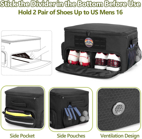 Golf Trunk Organizer Storage - Separate Compartment for 2 Pair Shoes up to US Mens 16, Golf Car Locker for Balls, Tees,