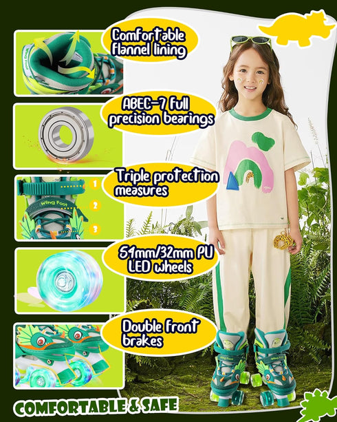 Dino Kids Toddler Roller Skates for Boys Girls,WESKIFAN Dinosaur Quad Skating Shoes with Shiny Light up