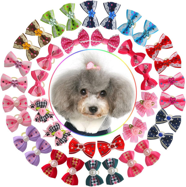 YOY 40pcs Grosgrain Ribbon Pet Dog Hair Bows - 20 Pairs with Rubber Bands - Grooming Accessories for Puppy & Kitty