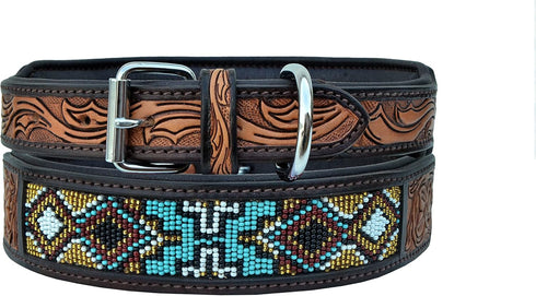 Western Style Genuine Leather Beaded Dog Collar Hand Tooled and Padded 10AB018