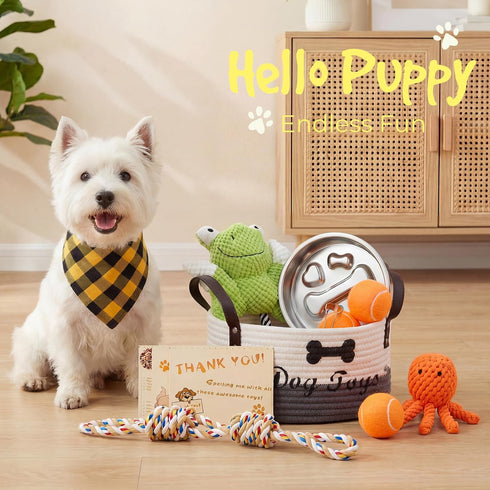 14Pcs Set New Puppy Gift Basket, Complete Premium Welcome Puppy Starter Kit and Dog Gift Basket with Dog Toys Bundle
