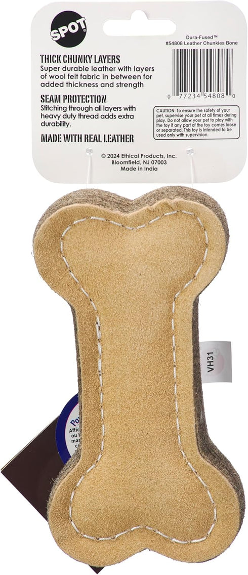 SPOT Dura-Fused Chunkies Bone - All Natural Leather and Felt Dog Toy, Durable Extra Thick Chew Toy for Aggressive